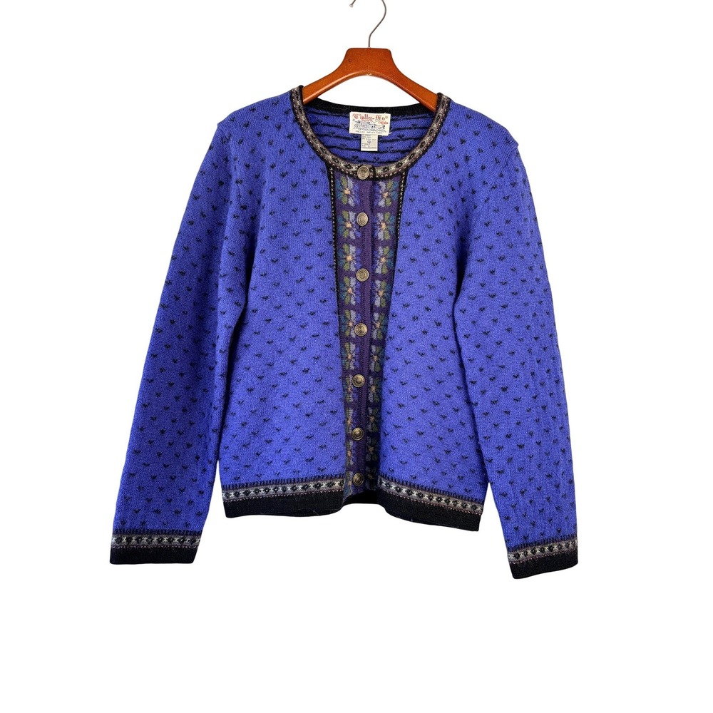 Vtg TALLY-HO Wool Cardigan L Blue Purple Floral Nordic Metal Buttons Grandmacore